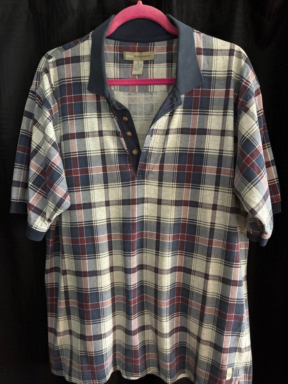 Equipment Men's Navy, Burgundy and Cream Plaid Polo